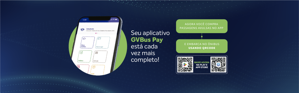 Além de recarregar e consultar o saldo do CartãoGV, o app oficial do GVBus reúne serviços que facilitam o dia a dia dos passageiros e agora também permite pagar a passagem direto pelo celular. Gratuito, o GVBus Pay está disponível para Android e iOS.
